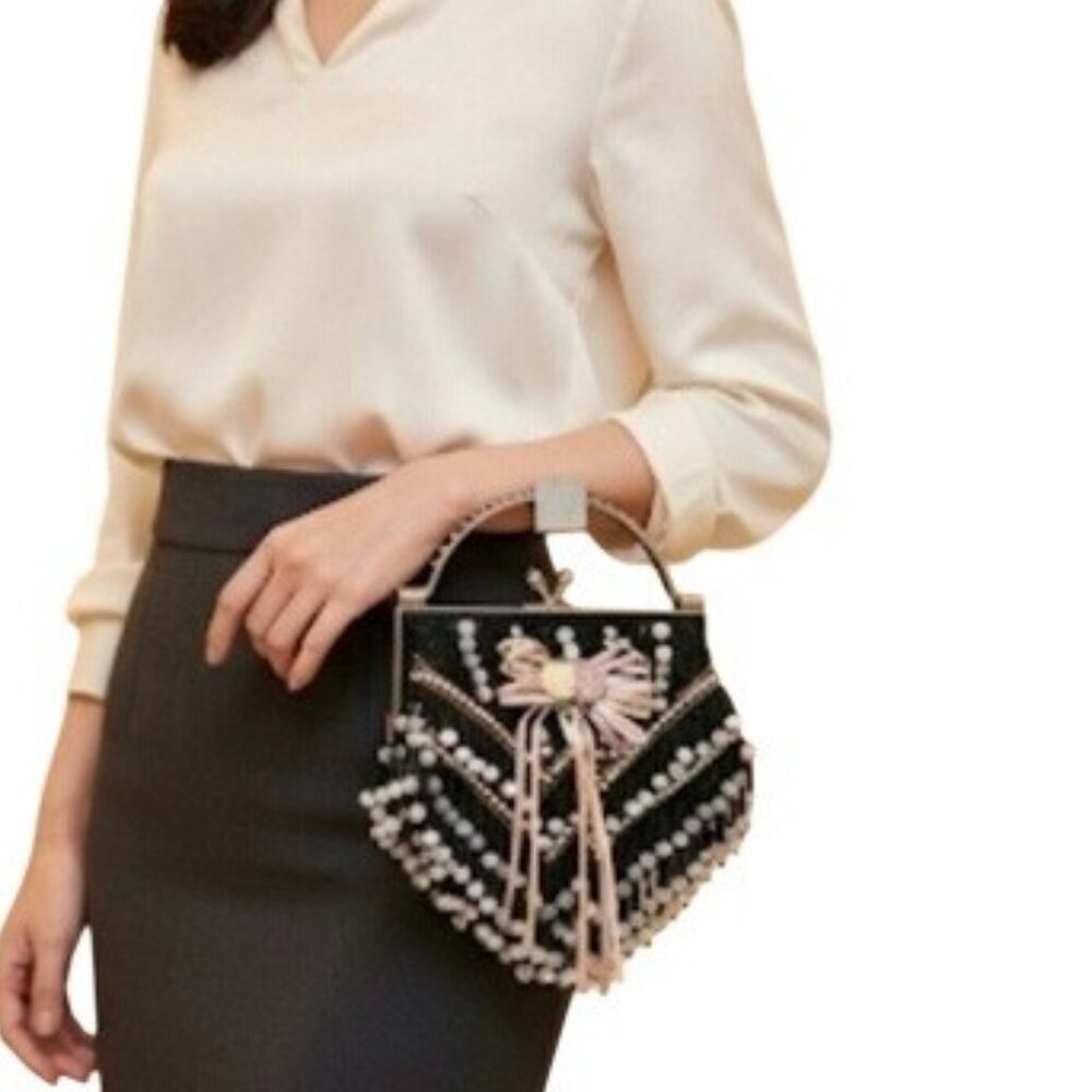 Beaded Handbag Black & White Clutch Purse No Strap